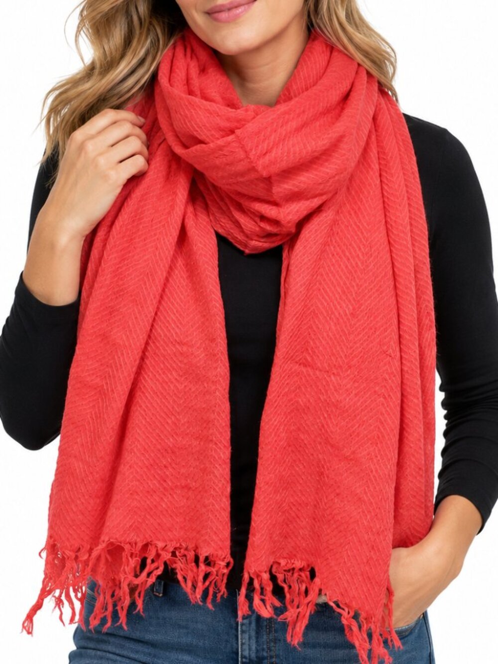 BANANA REPUBLIC Wool Blend Fringe Blanket Scarf Coral Red Herringbone Thin Knit